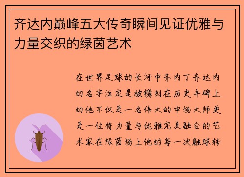 齐达内巅峰五大传奇瞬间见证优雅与力量交织的绿茵艺术